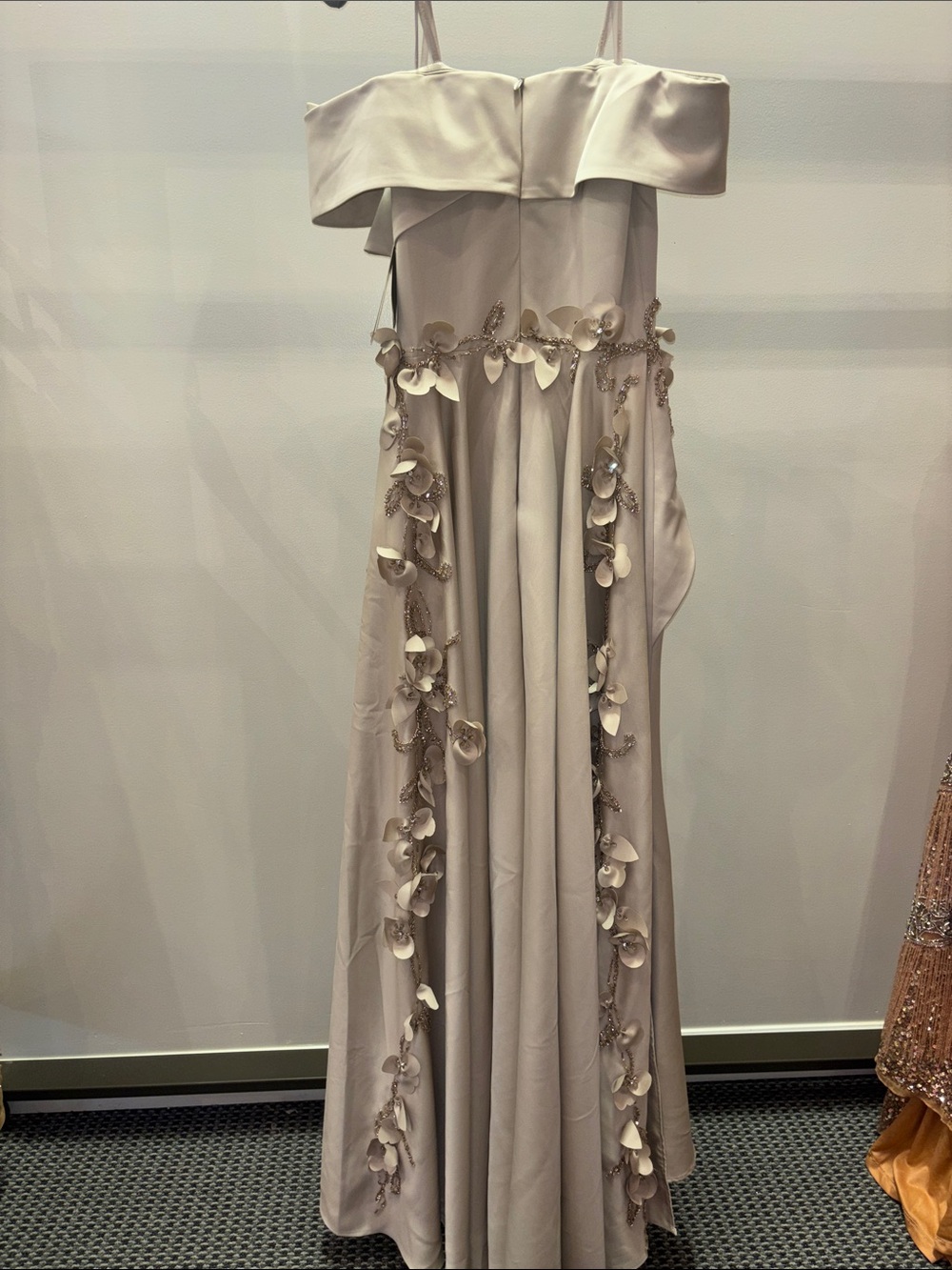 Terani Couture 5317 Taupe Off-Shoulder Evening Gown with Floral Appliqué - Picture 8 of 11